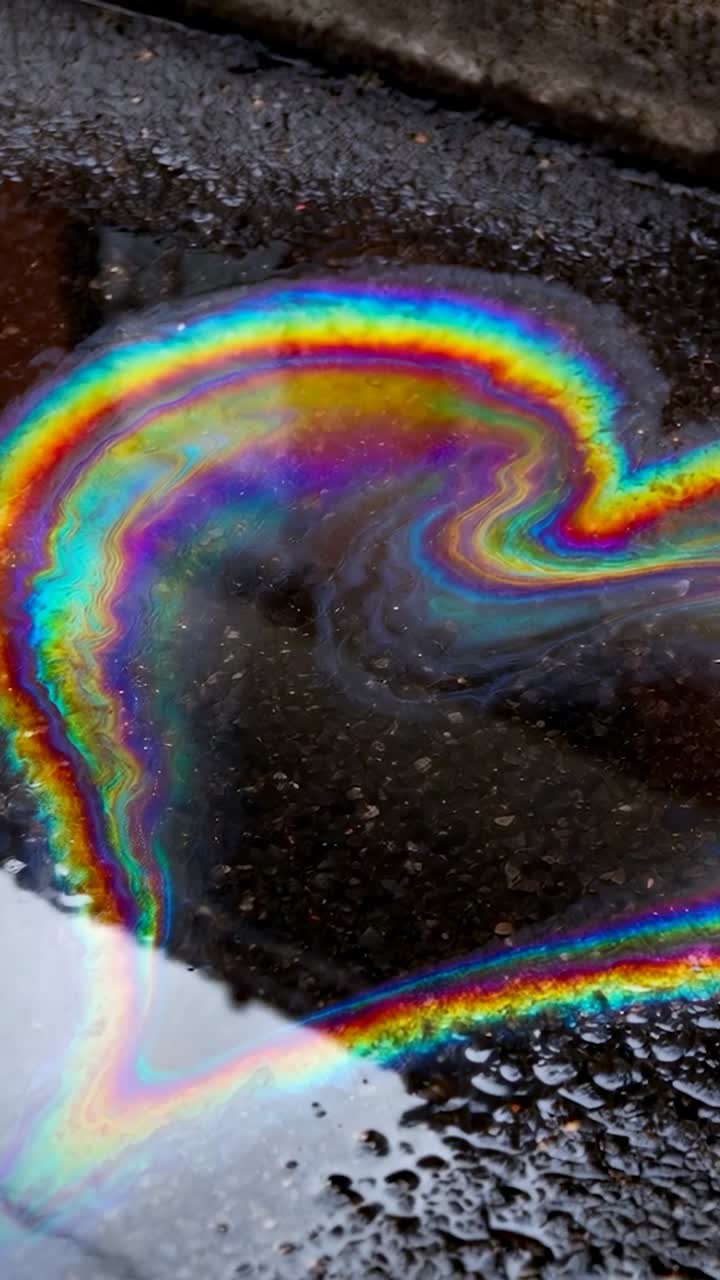 Video verticale: pellicola d'olio arcobaleno fluente che vortica su una pozzanghera di asfalto bagnato vicino al bordo di cemento dopo la pioggia
