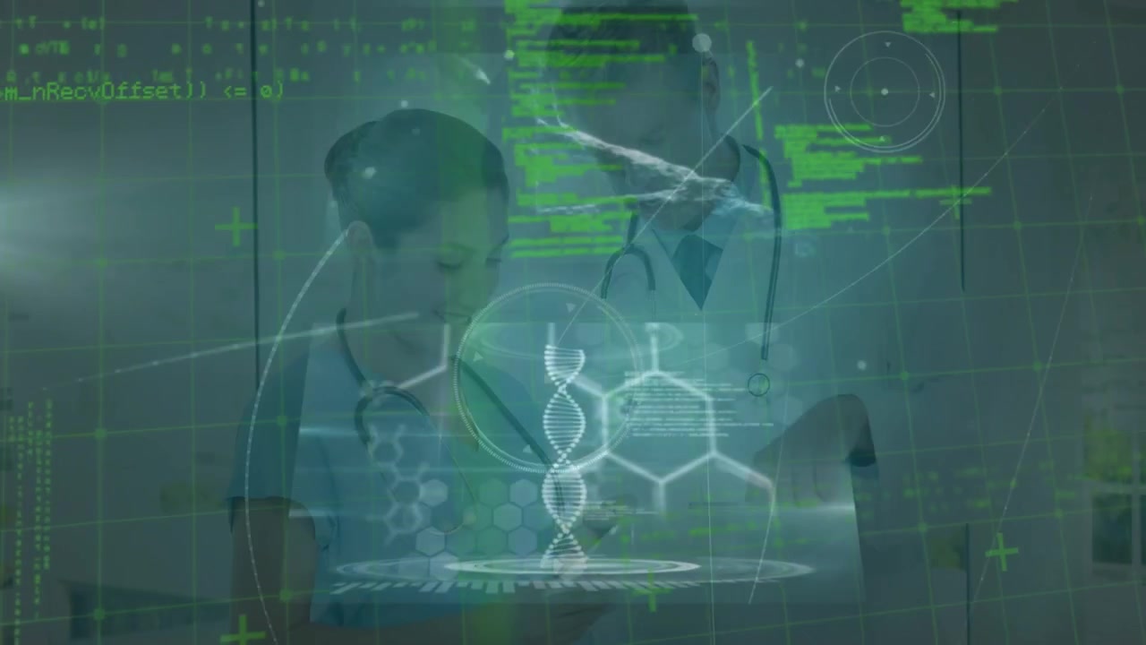 Animazione di dati biologici su schermo digitale su medici caucasici, donna e uomo.