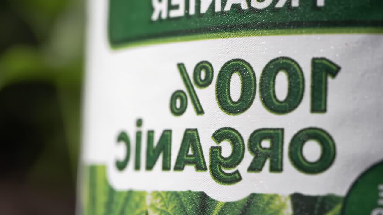 Close-Up of a Label Highlighting the 100% Organic Certification of a Product, Emphasizing Its Natural and Eco-Friendly Attributes for Health-Conscious Consumers