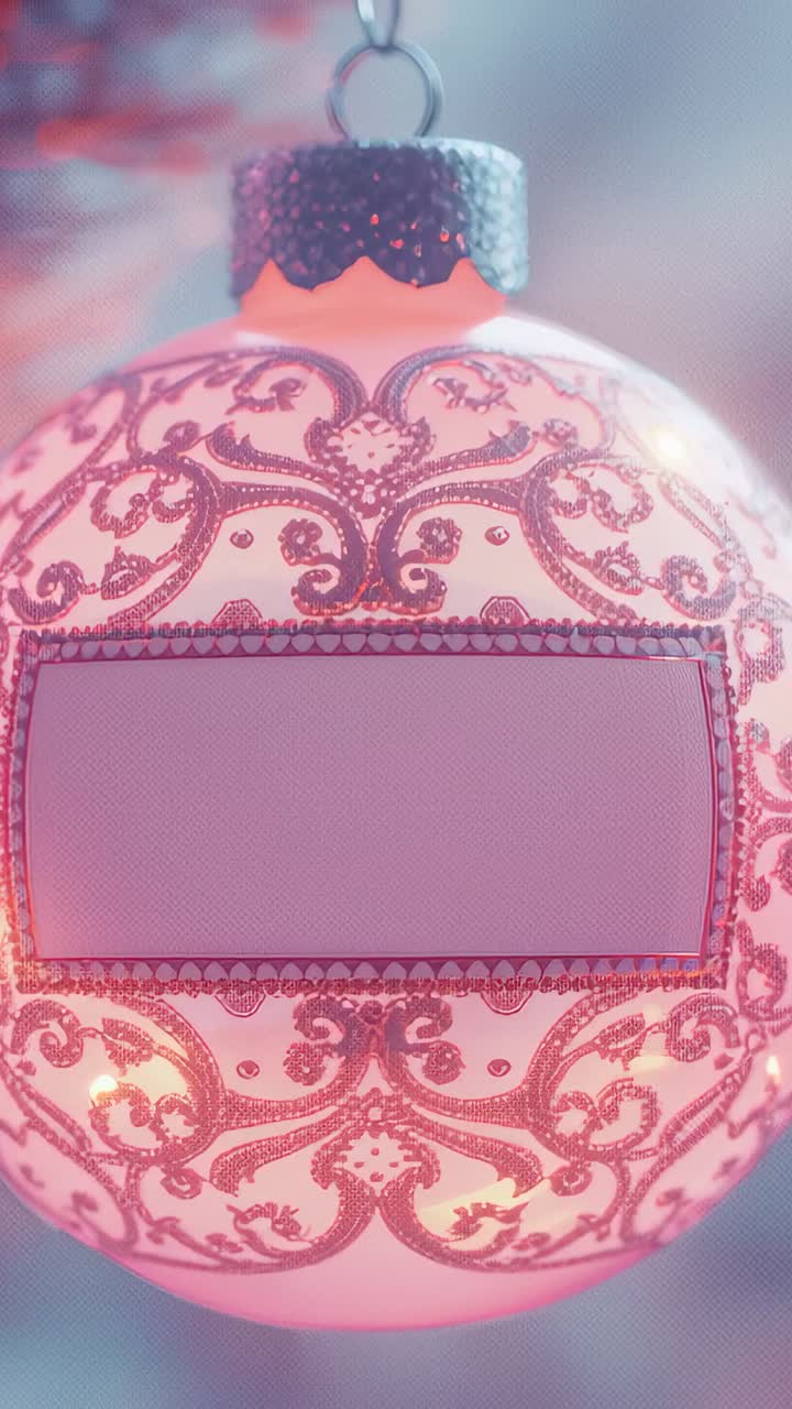 Vertical video: Rotating ornate ornament on hook at festive tree, exposing filigree and blank label