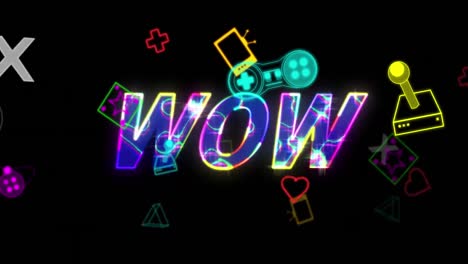 animación del banner de texto wow y los iconos del controlador de videojuegos de neón contra un fondo negro