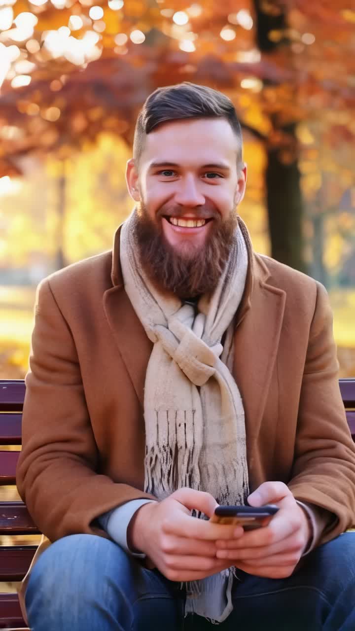 A young man sitting on a park bench in autumn, reading a positive message on his mobile phone