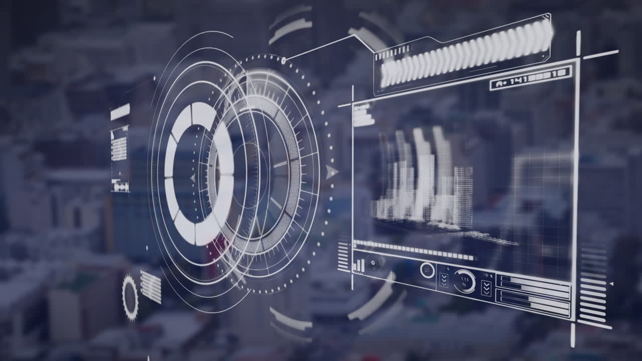 animación del escáner redondo y la interfaz con el procesamiento de datos frente a la vista aérea del paisaje urbano.