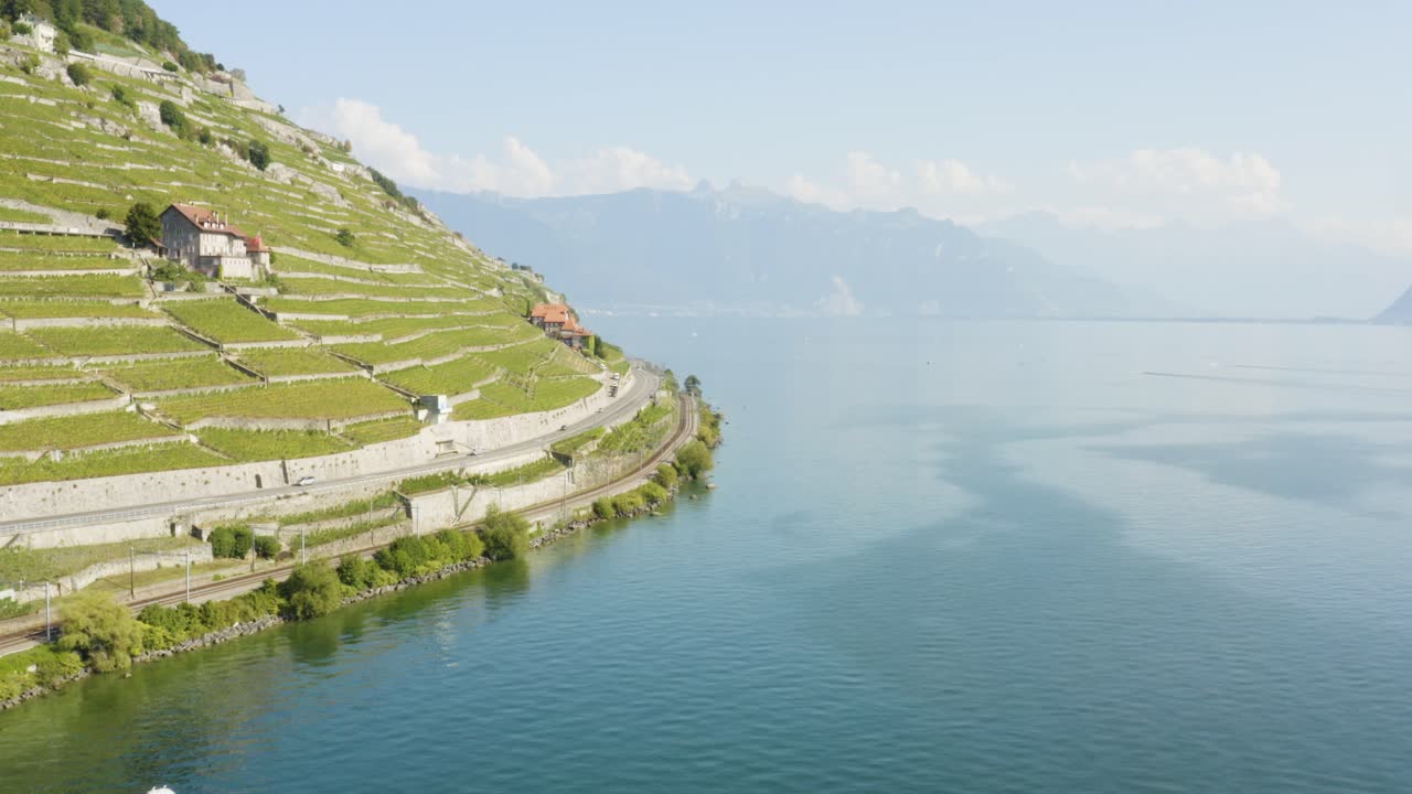 toma aérea de la parte más empinada de las terrazas de viñedos de lavaux que van hasta el lago leman - suiza