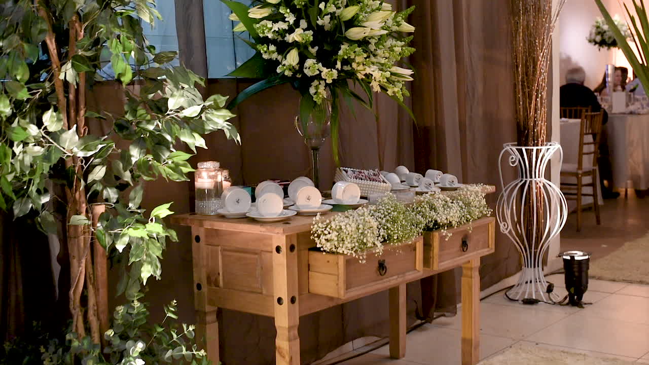 Coffee table for a wedding party. Moving camera