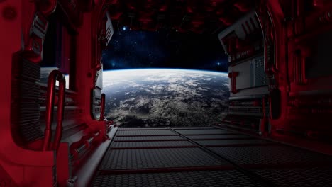 corredor de la nave espacial con vista a la tierra