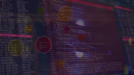 Animation of light spot and digital icons over data processing against blue background