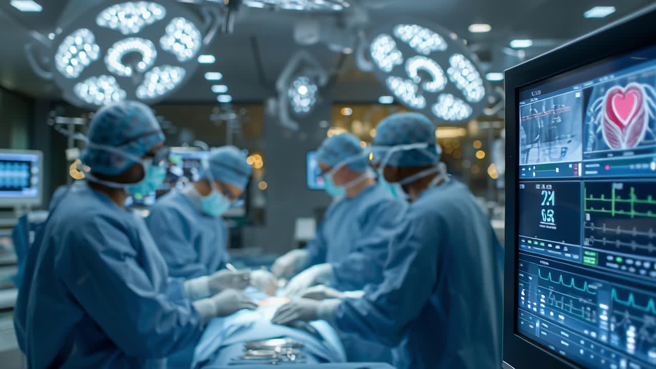 Professional surgeons performing open heart surgery in modern hospital operating room