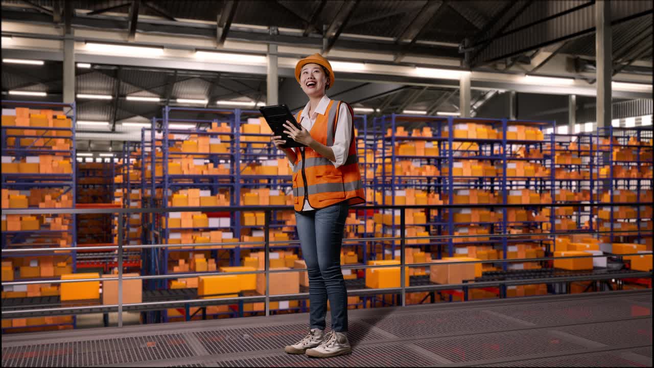 Full Body Side View Of Asian Female Engineer With Safety Helmet Working On A Tablet While Standing In The Warehouse With Shelves Full Of Delivery Goods