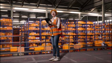 full body side view of asian female engineer with safety helmet working on a tablet while standing in the warehouse with shelves full of delivery goods