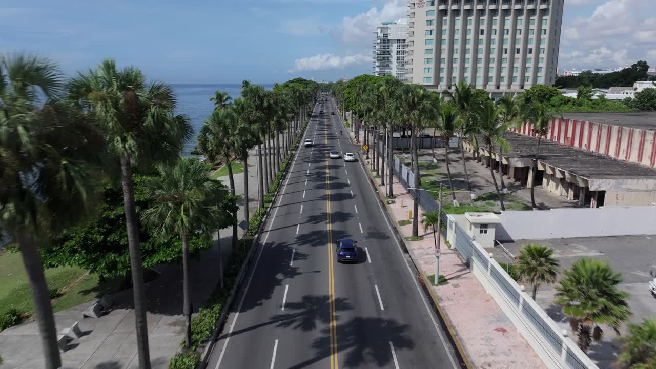 Aerial View of Malecon Traffic, Hotel Buildings and Caribbean Sea, Santo Domingo, Dominican Republic
