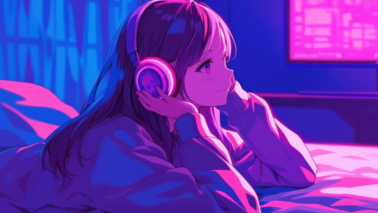 Anime-style girl with headphones, lying on bed, side view. Neon pink and blue lighting creates