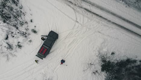 Truck-Parked-on-a-Snowy-Logging-Road-on-Vancouver-Island,-Canada