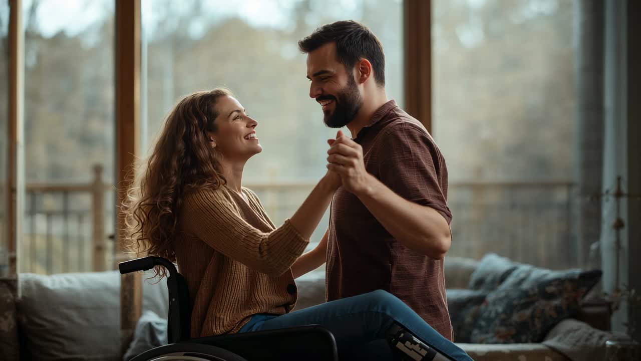 Taking hands from woman in tan sweater, standing man leading slow sway at home, wheelchair support