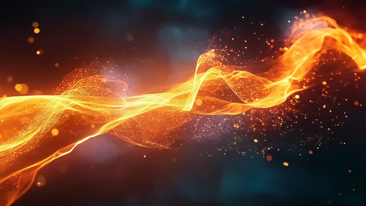 A long orange flame with a lot of sparks. The flame is surrounded by a lot of small, bright, and colorful sparks. Concept of energy and excitement, as if the flame is dancing