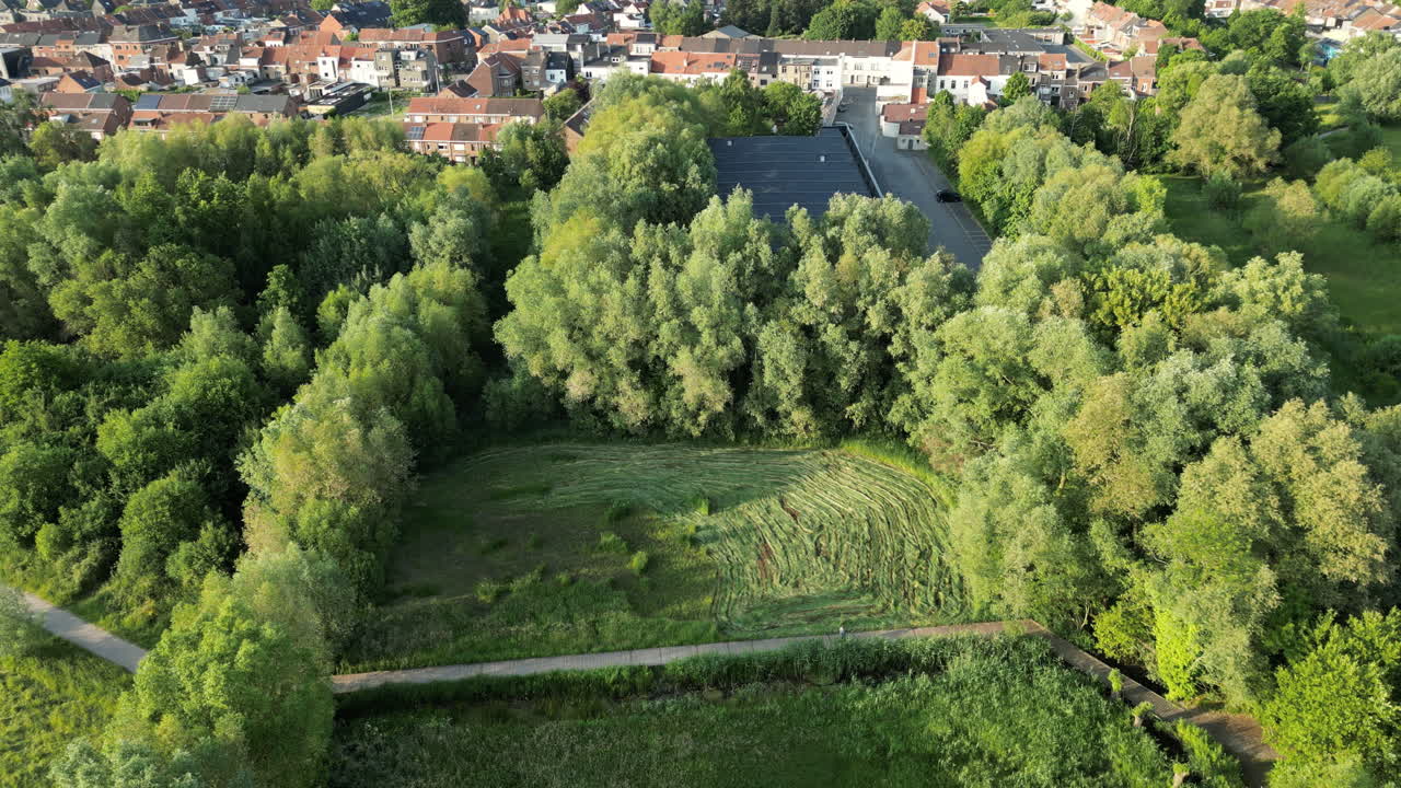 Widok z lotu ptaka na ścieżkę przez rezerwat przyrody Bourgoyen-Ossemeersen w Gandawie, Belgia.