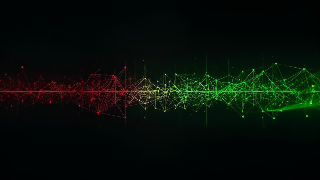 Shifting long network waveform in dark studio from right green band, nodes glowing, spikes rising