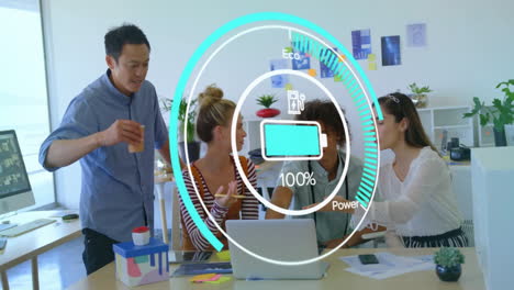 battery charging animation over diverse group of people working in office