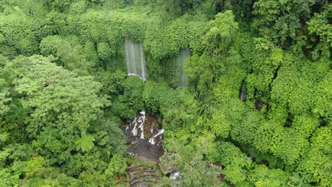 flying in shot to a beautiful hidden waterfall in a tropical rainforest in asia, lush green environment fro above