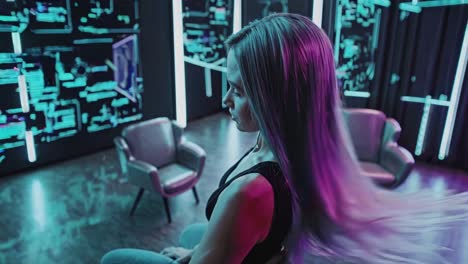woman in cyberpunk style interior