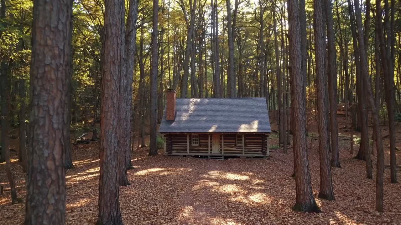 Cozy wooden cabin nestled among tall trees in a serene forest, surrounded by vibrant autumn leaves, capturing the tranquil essence of nature's beauty and seasonal change