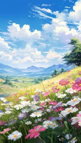vibrant anime-style landscape with a low-angle view of a colorful flower field under a bright sky