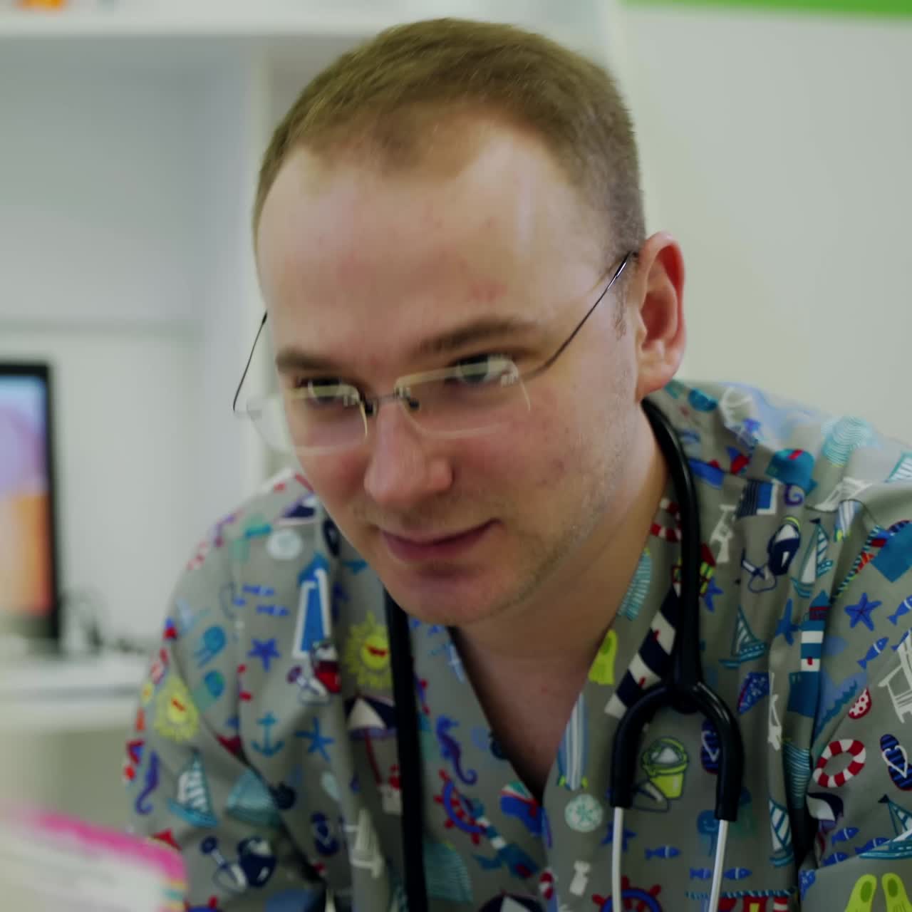 Doctor explaining children healthcare. Kid doctor examing little child in hospital