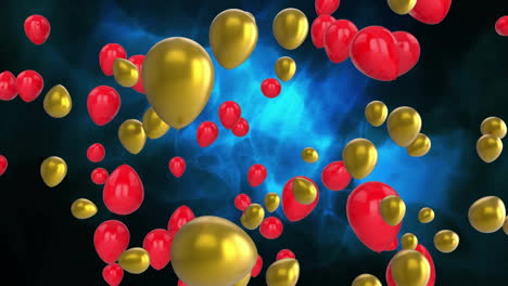 animation of golden and red balloons over illuminated abstract pattern over black background