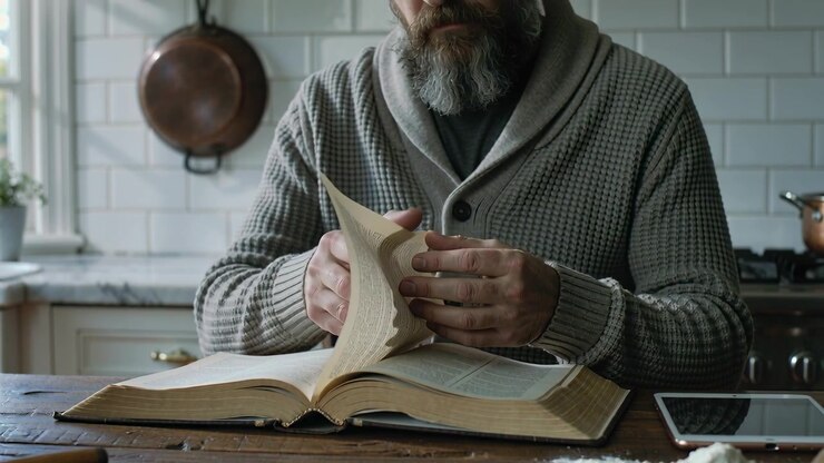 Flipping senior man in cardigan needing recipe, consulting book at kitchen table, flour