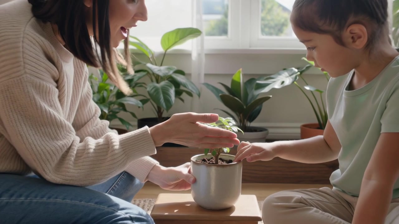 Holding pot mother guiding child touching potted plant on riser by sunlit window, learning care