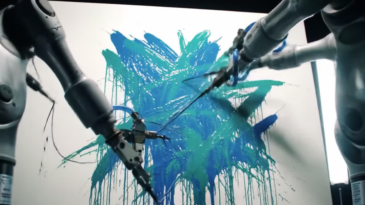 Innovative Robotics and Art Creation: A Dynamic Interaction of Robotic Arms Painting an Abstract Masterpiece with Vibrant Blue and Green Paint
