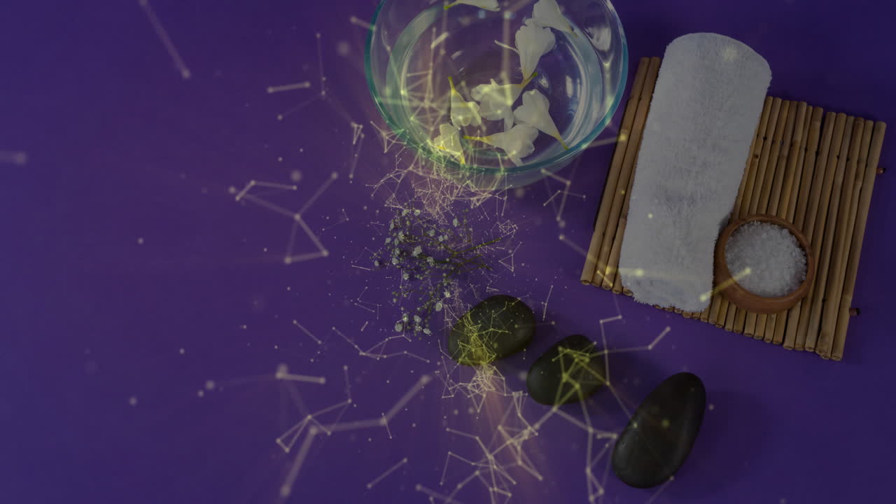 flat design showing spa essentials flat lay with towel, stones, bath salts, petals, digital overlay