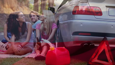 sentado en la hierba cerca del coche, amigos disfrutando de un picnic sobre la animación de la bandera rusa