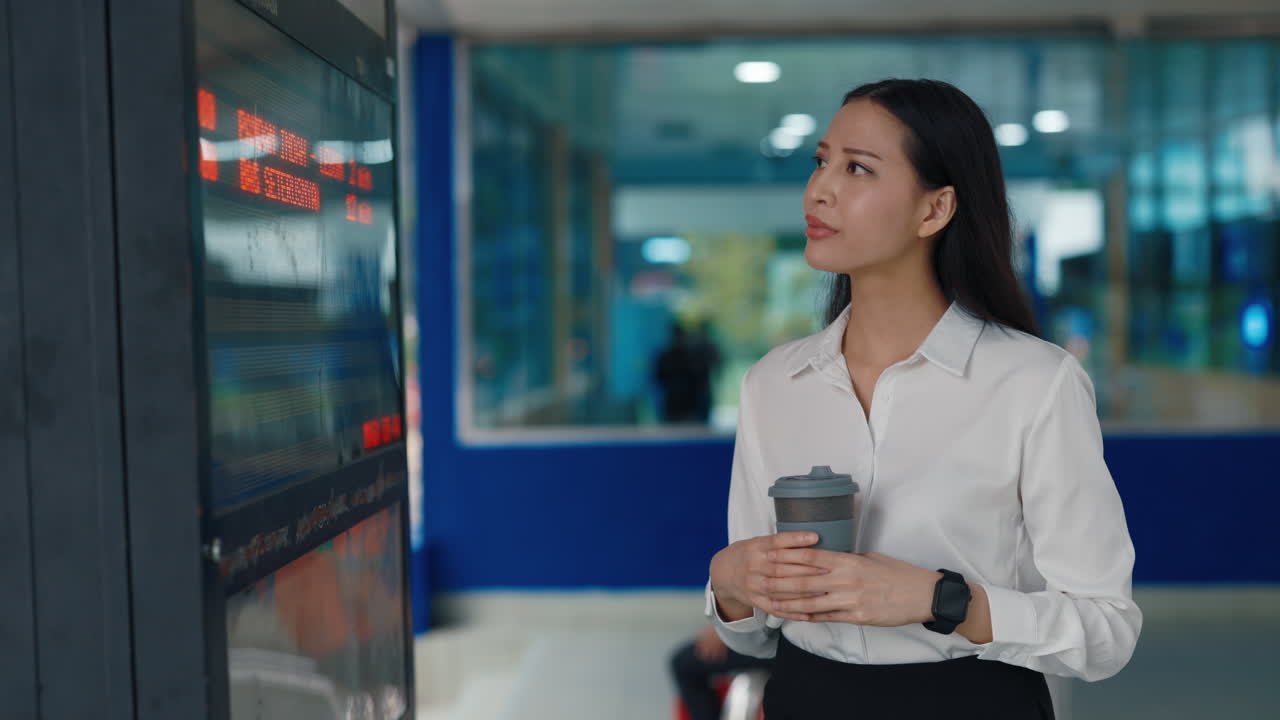 Businesswoman checking schedule at transportation hub