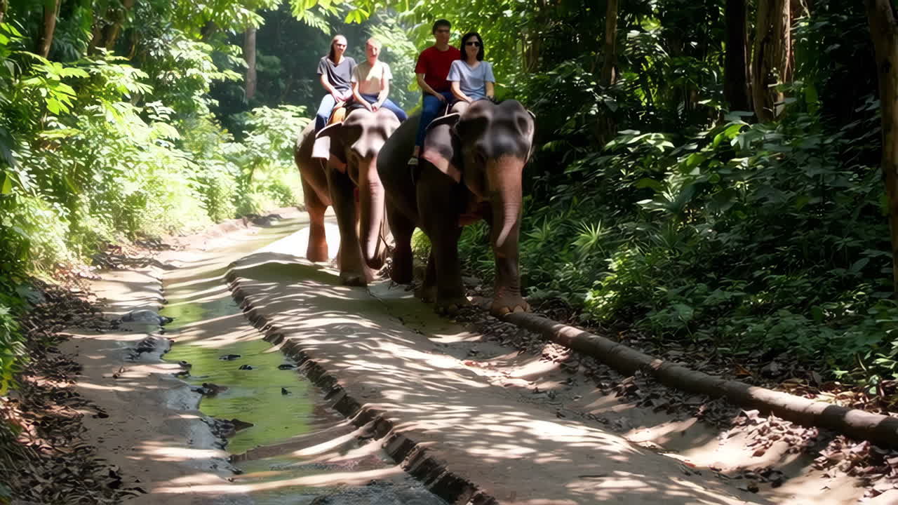 Tourists Riding Elephants in a Jungle