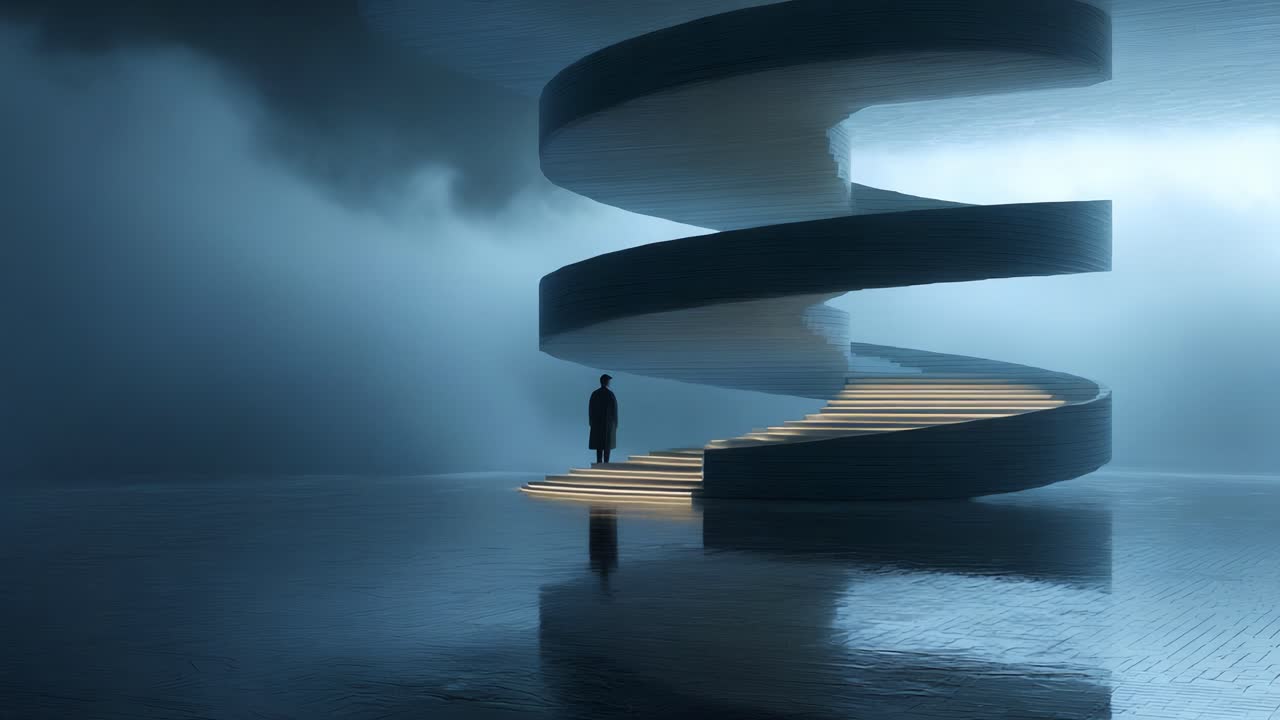 A Solitary Figure Contemplates the Ethereal Spiral Staircase in a Misty Ambiance, Evoking a Sense of Mystery and Intrigue as Light Illuminates the Steps, highlighting an Artistic Architectural Design