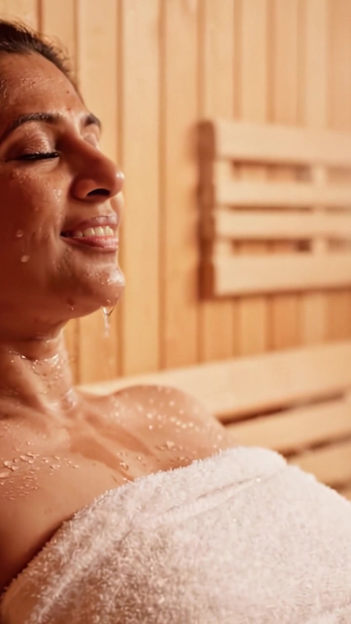 Relax e ringiovanimento: una donna si gode la serenità in una sauna, migliorando il suo benessere con calore lenitivo e un'atmosfera tranquilla piena di vapore.