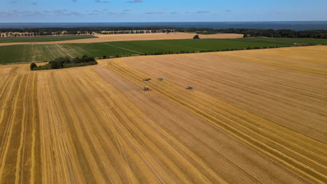 Moderne-Mähdrescher-Arbeiten-Auf-Dem-Feld,-Erntezeit-Voll,-Schöne-Felder-In-Der-Nähe-Der-Küste,-Luftig-Glatt