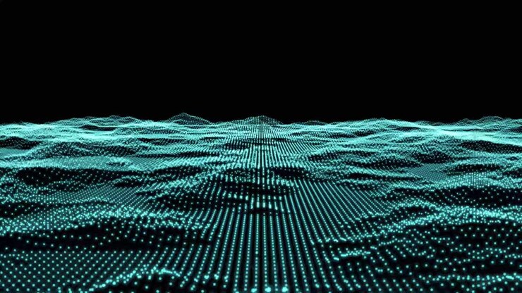 Togographic digital map with mountains and hills as if seen from an aircraft or heads up display HUD which loops endlessly