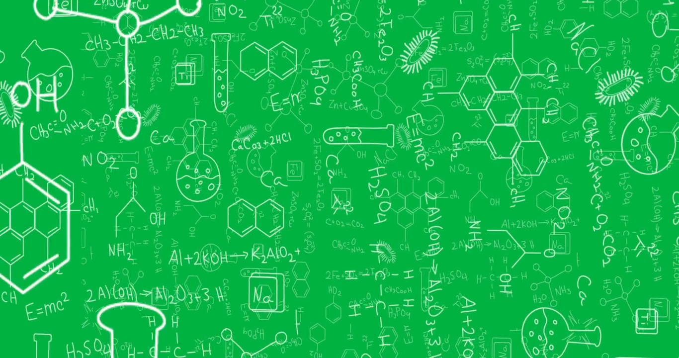 Animazione di formule strutturali bianche di composti chimici su sfondo nero.