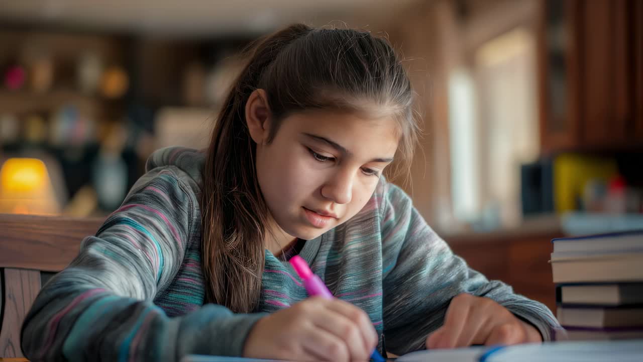 Concentrated female student carefully writing study notes on notebook while sitting at kitchen table, deeply focused on educational task, learning and developing academic skills