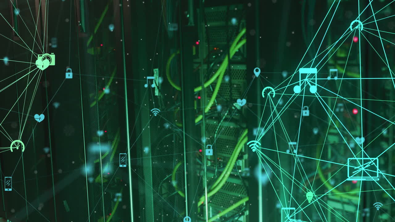 animación de redes de conexiones a través de luces verdes de servidores de computadoras
