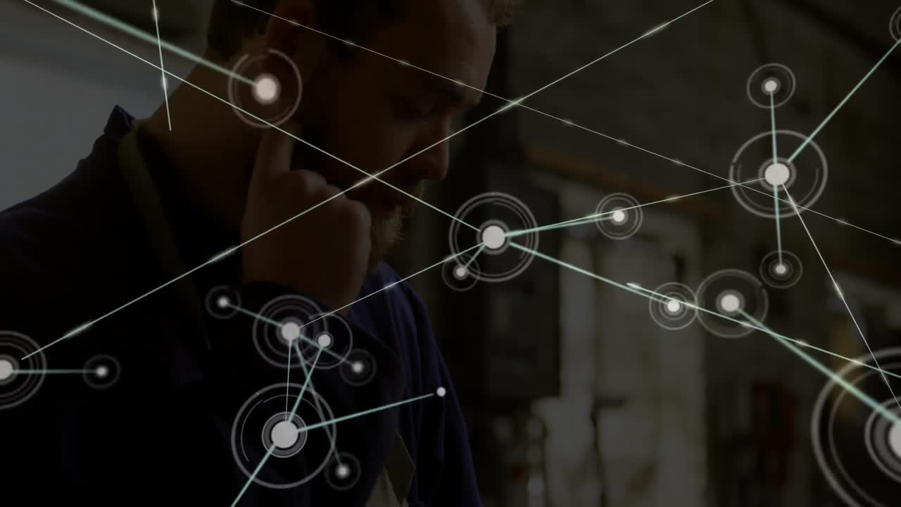 In workshop, thoughtful person processing data with network of connections animation