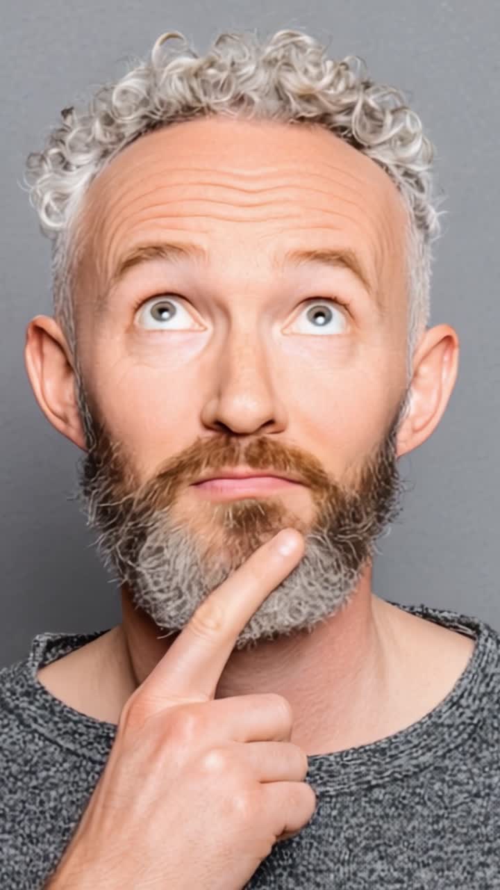 Contemplative Man with Curly Hair and Beard Ponders a Thoughtful Question While Looking Upward in a Neutral Gray Background
