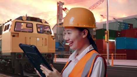 close up side view of asian female engineer with safety helmet working on a tablet with freight cargo train at port