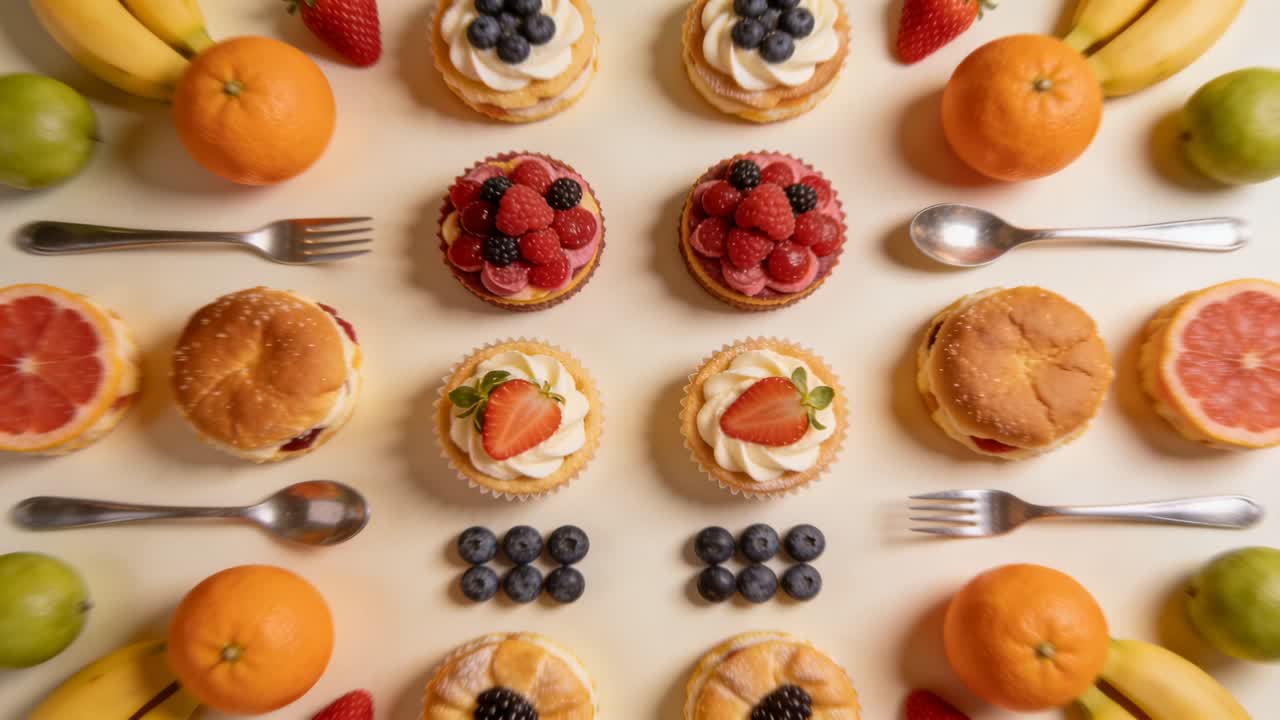 Shifting camera showing overhead grid of pastries, fruit, cutlery to recenter frame on cream cloth