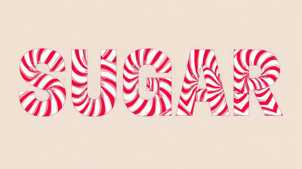 Loop che mostra le lettere SUGAR che ruotano a spirale come una caramella alla menta piperita in uno studio card che crea un effetto caramella