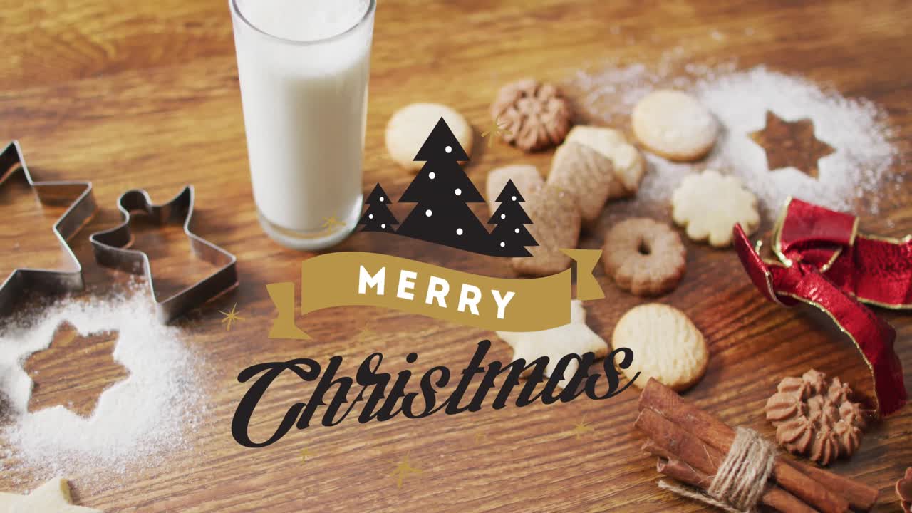 나무 표면에 쿠키와 장식 위에 메리 크리스마스의 애니메이션