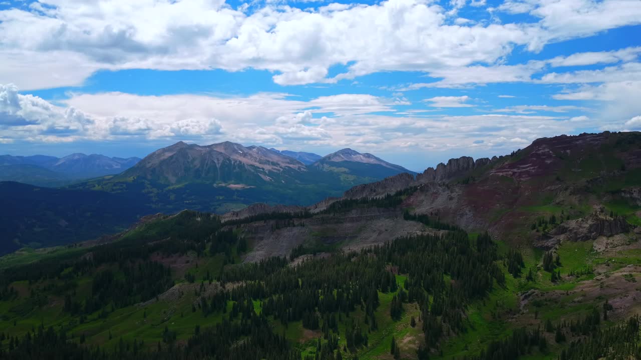 Kebler Pass Lake Irwin Crested Butte Marcellina Mountain Ruby Peak aerial drone Colorado spring summer Rocky Mountains Mt Owen Alley Peak Robinson Basin blue sky afternoon cloudy circle left