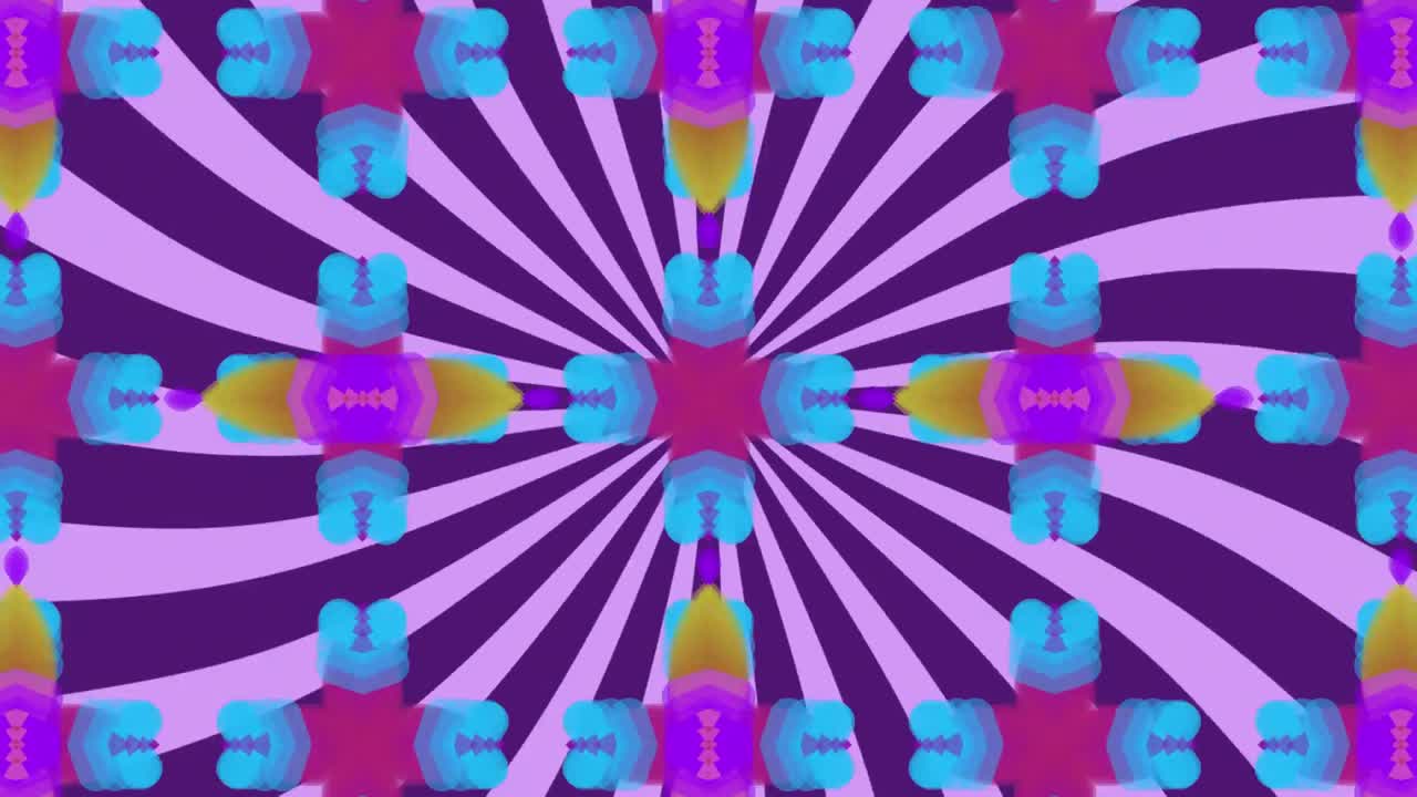 formas caleidoscópicas que se mueven hipnóticamente contra las rayas púrpuras giratorias